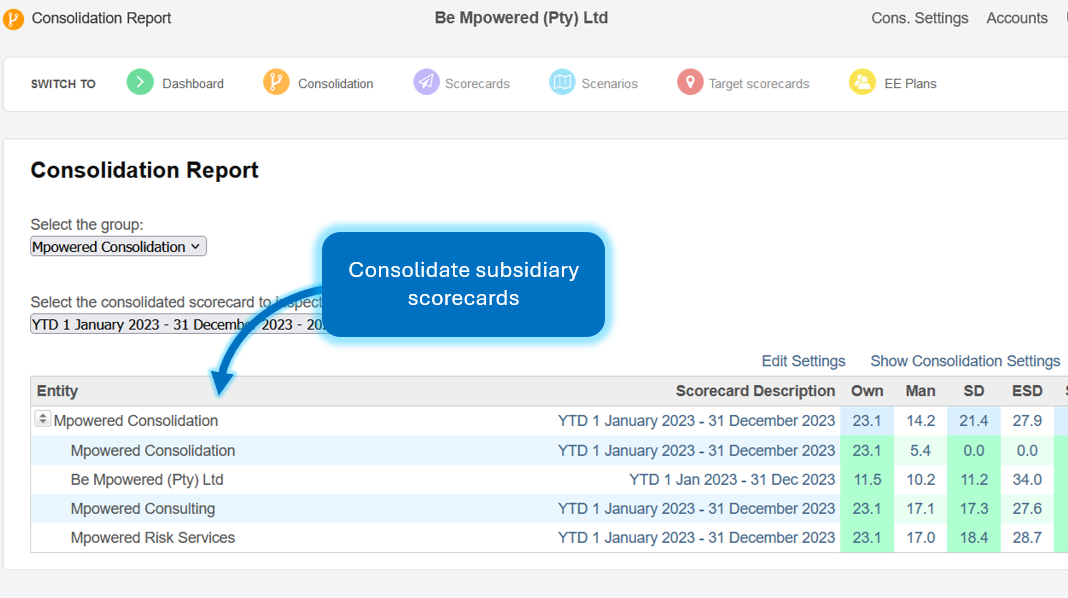 Consolidated subsidiary B-BBEE scorecards